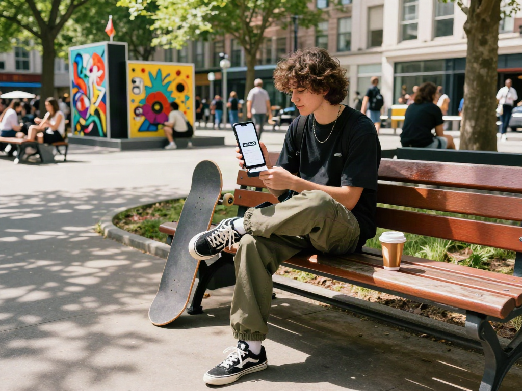Youth enjoying urban park break with rokok88 app displayed on smartphone.
