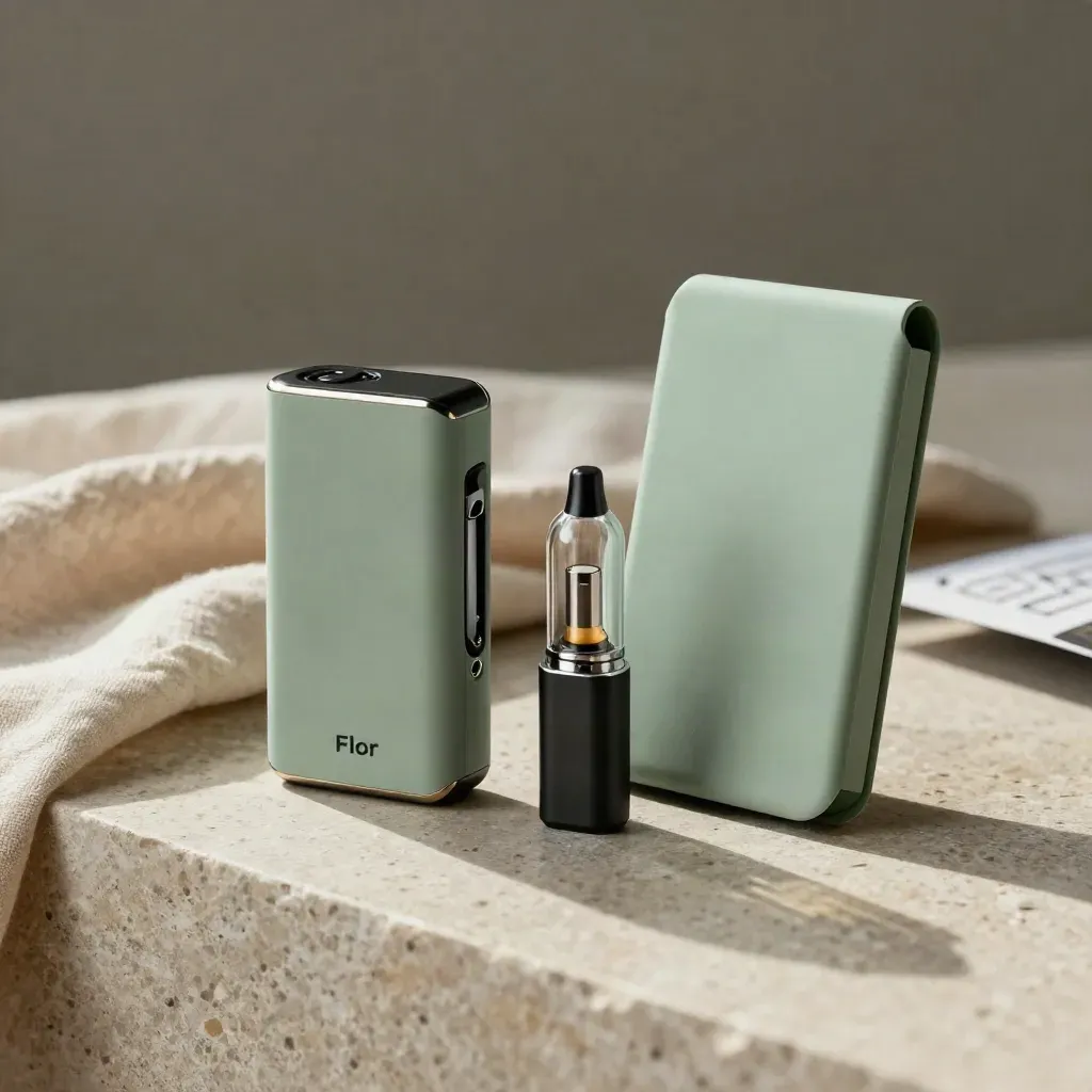 CBD vape starter kit with device, pod, charger, and sleeve on stone, softly lit and premium