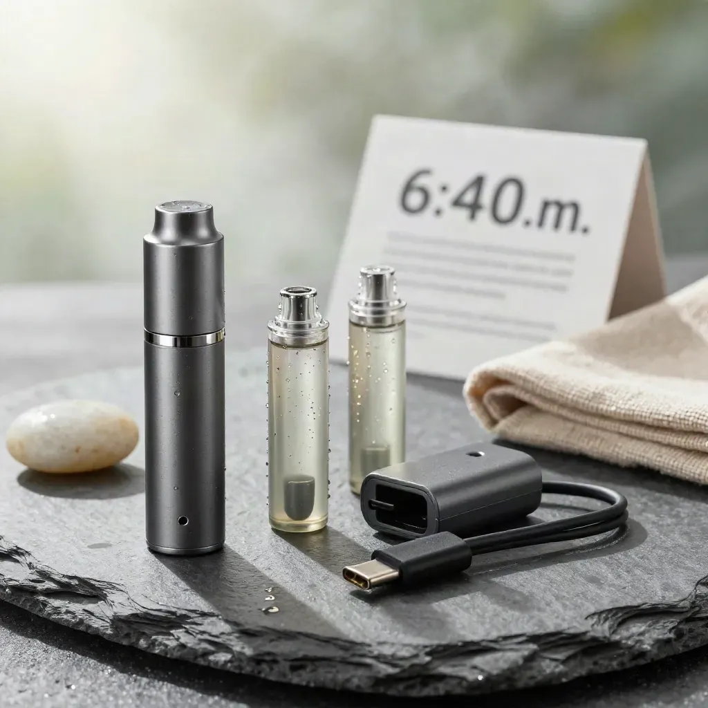 Charcoal CBD vape kit with pods, cable and hemp cloth on slate in misty dawn light.
