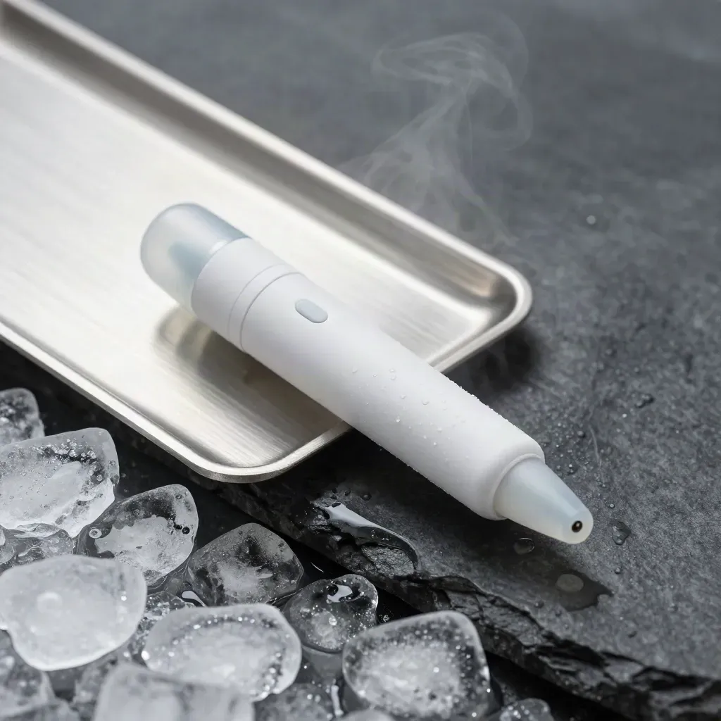 White disposable vape beside crushed ice on wet stone with a brushed metal tray.