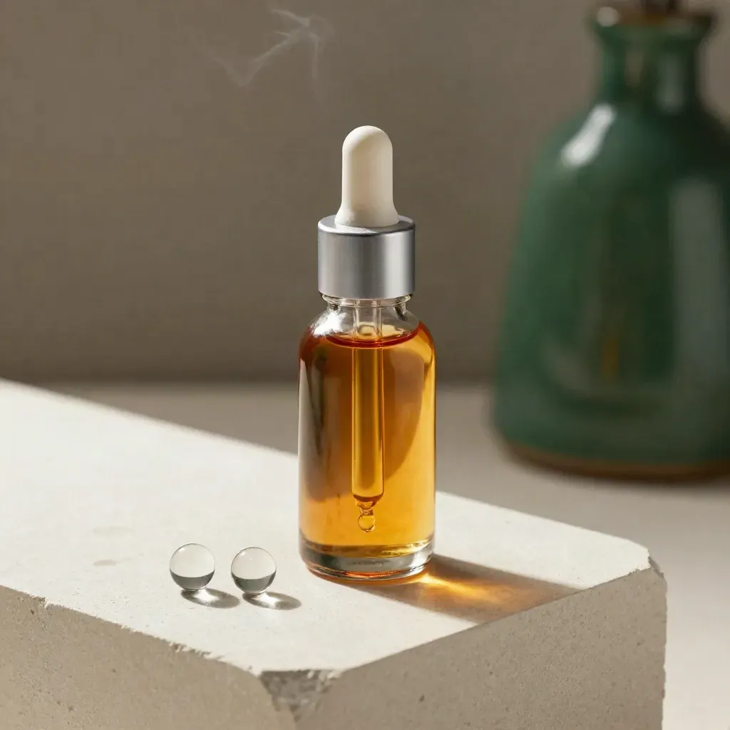 Amber hemp e-liquid bottle on pale plaster with glass beads and soft vapor