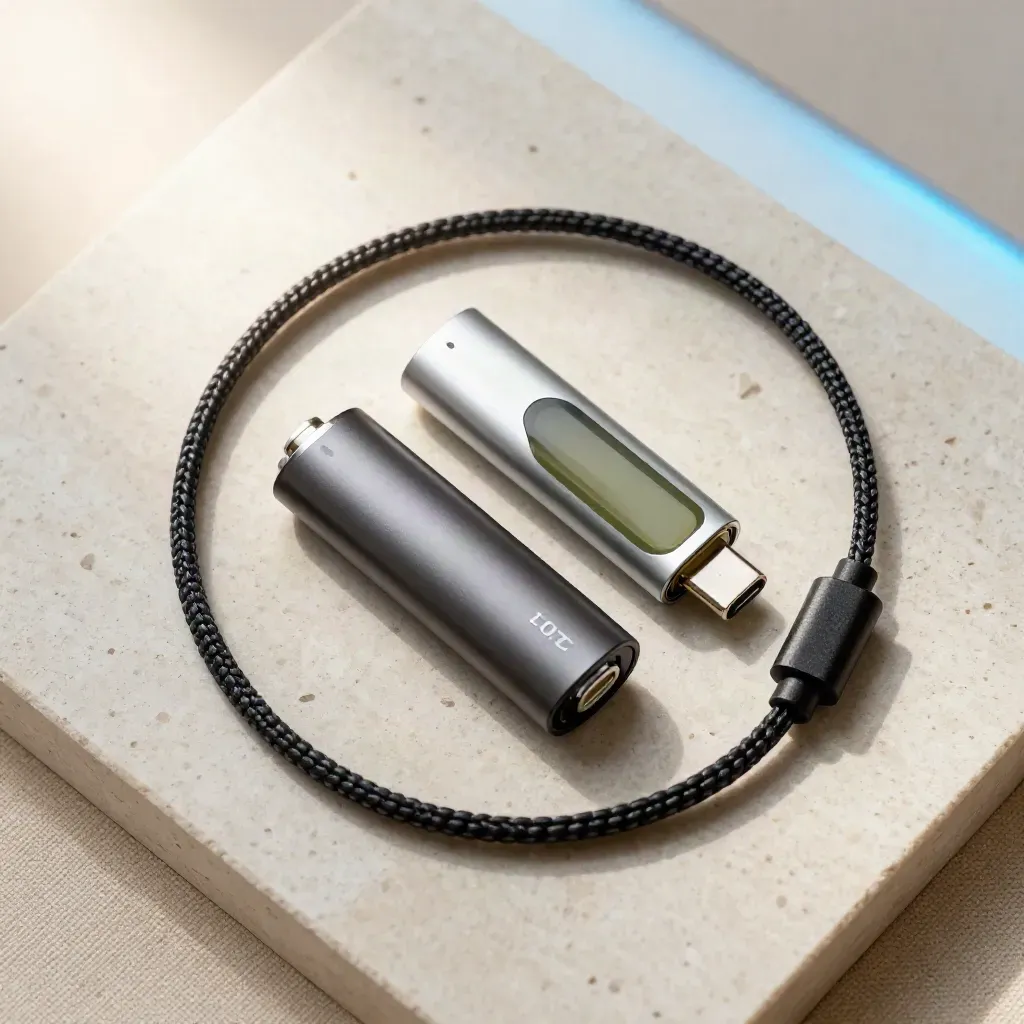 Overhead view of a slim vape battery kit, pod, cable and cap on pale stone.