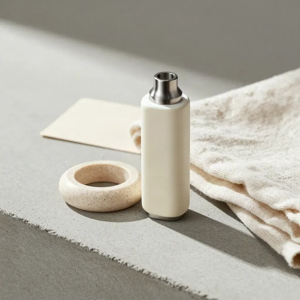 Macro flatlay of a ceramic vape cart beside stone and linen on concrete