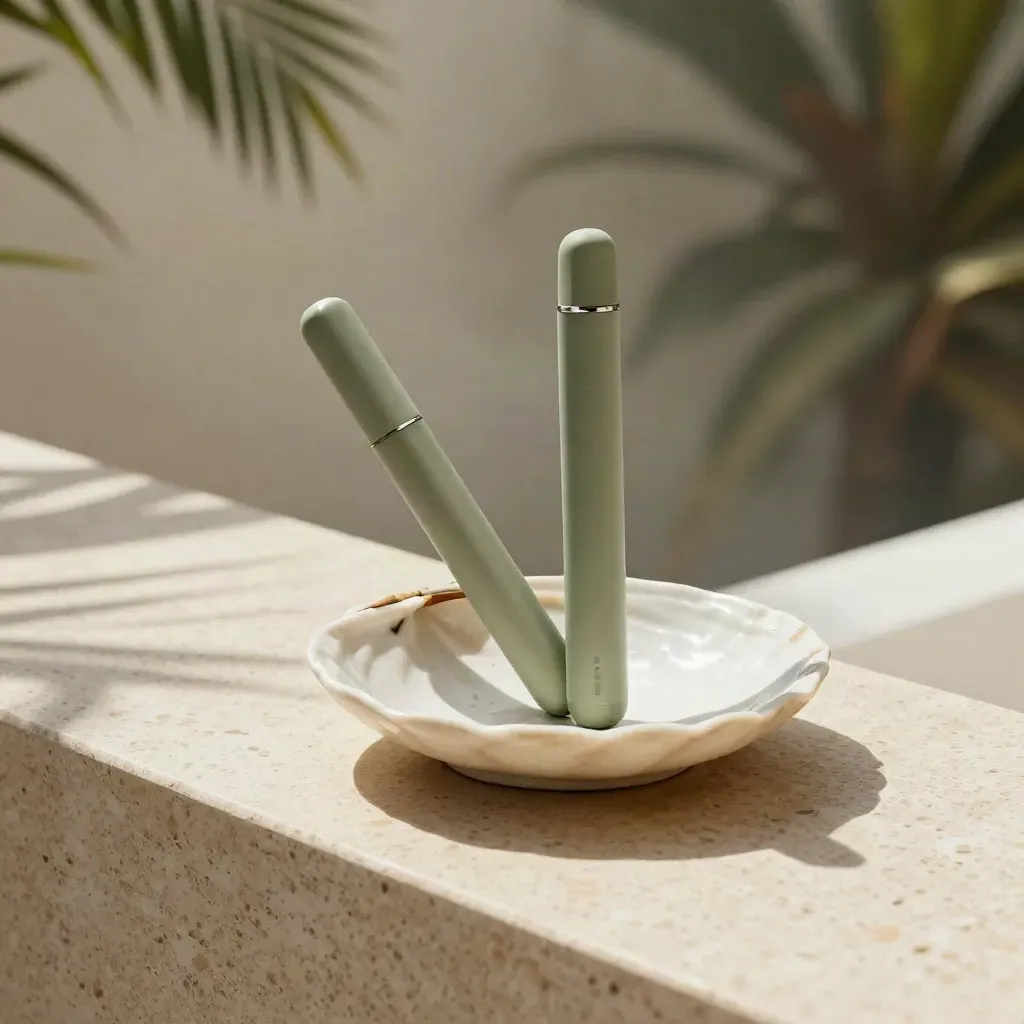 Two unbranded tropical vape pens in a shell dish on travertine with humid light