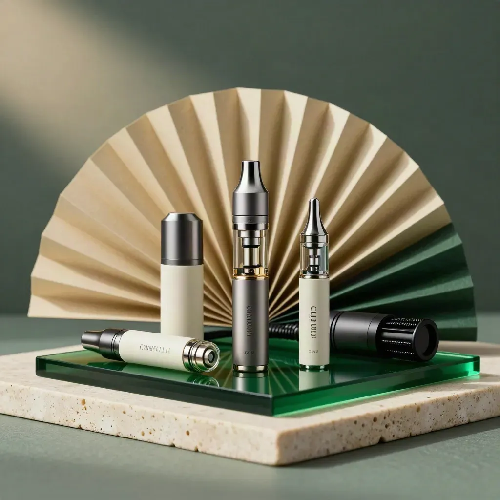 CBD vape carts, pods, device and charger arranged on a translucent green slab in studio light