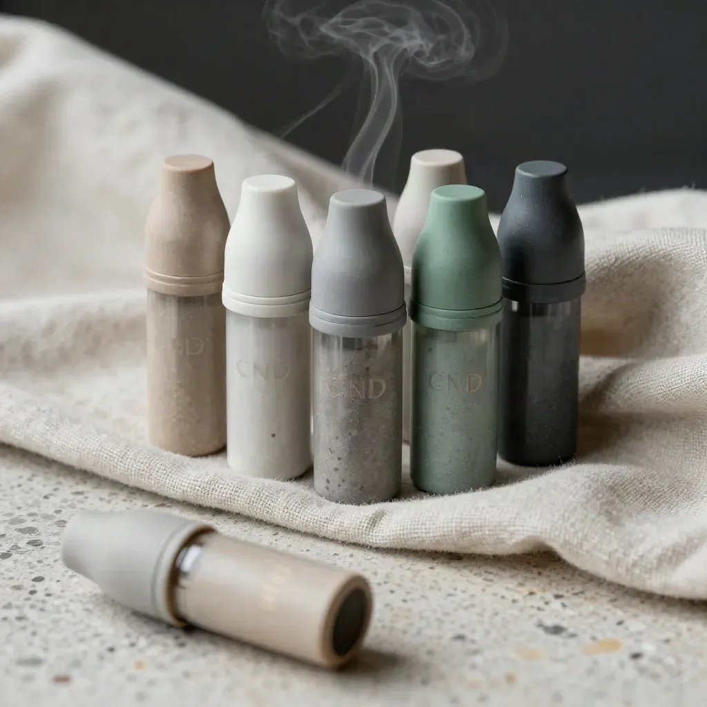 Five unbranded vape pods fanned on stone with linen and soft vapor, one muted green accent.