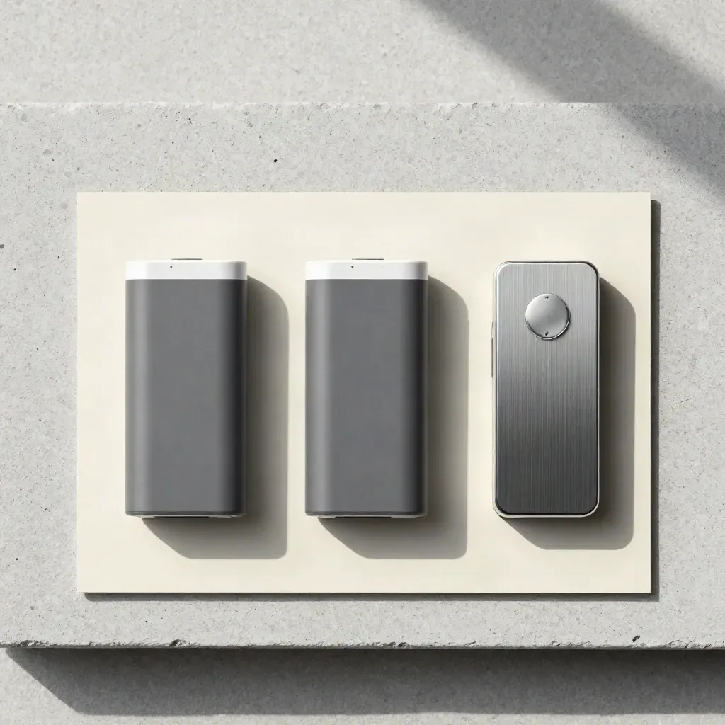 Overhead flatlay of a compact starter pod kit on pale plaster with soft shadows.