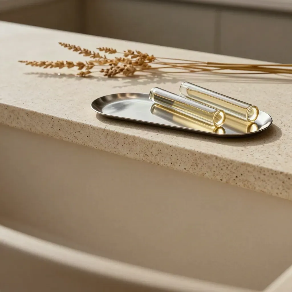 Travertine surface with three glass vape cartridges, metal tray, and pale stem in soft daylight.