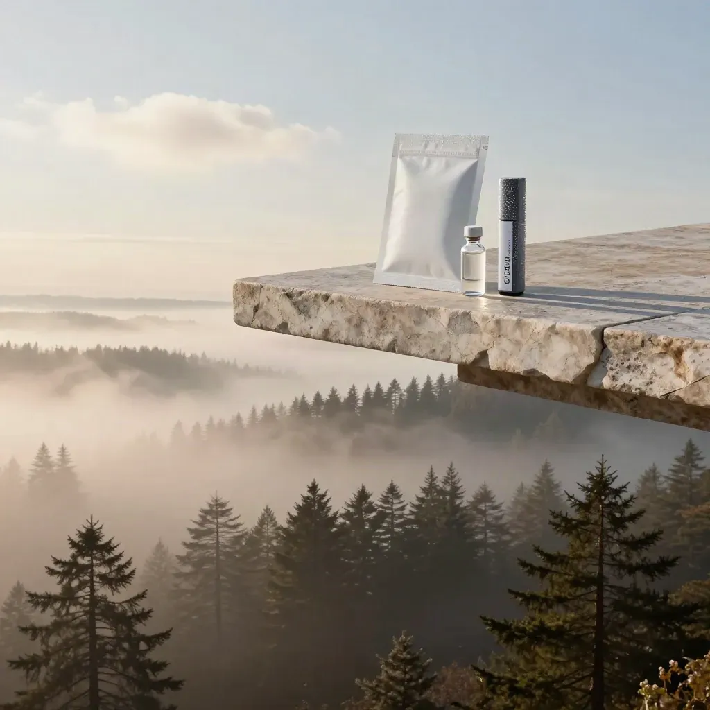 Foggy cedar overlook with a stone ledge, sample packet, vial, and open misty valley.
