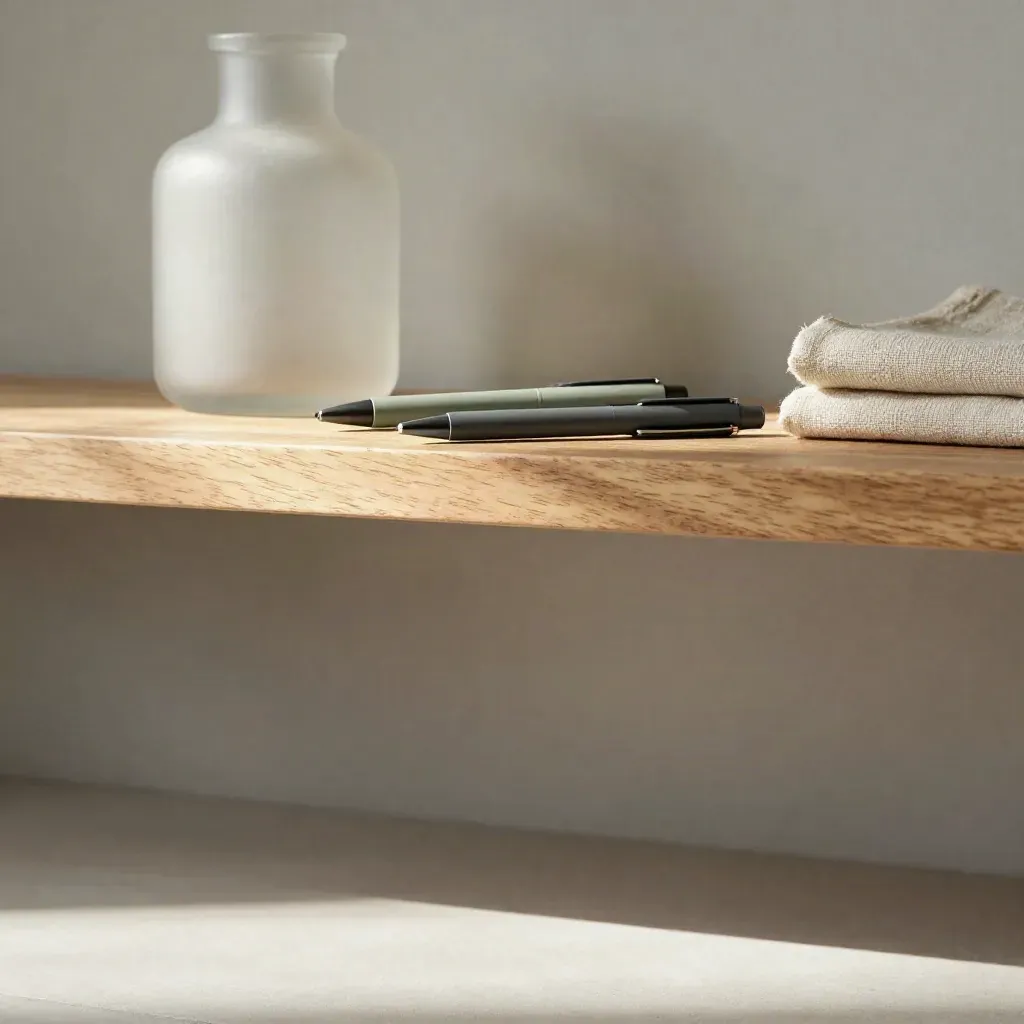 Two disposable vape pens on an oak shelf beside frosted glass in soft daylight.