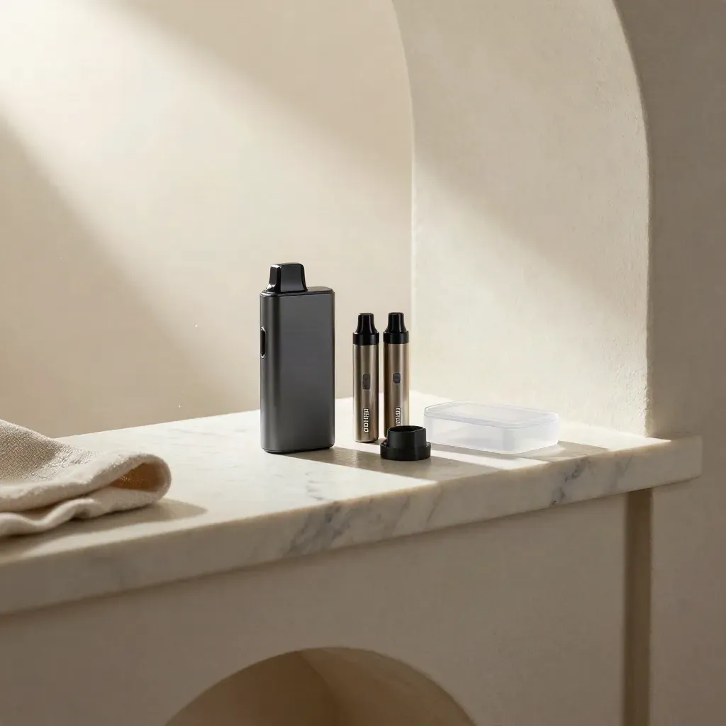 Plaster alcove with CBD starter kit, charger puck and pod tray on a marble ledge in misty daylight