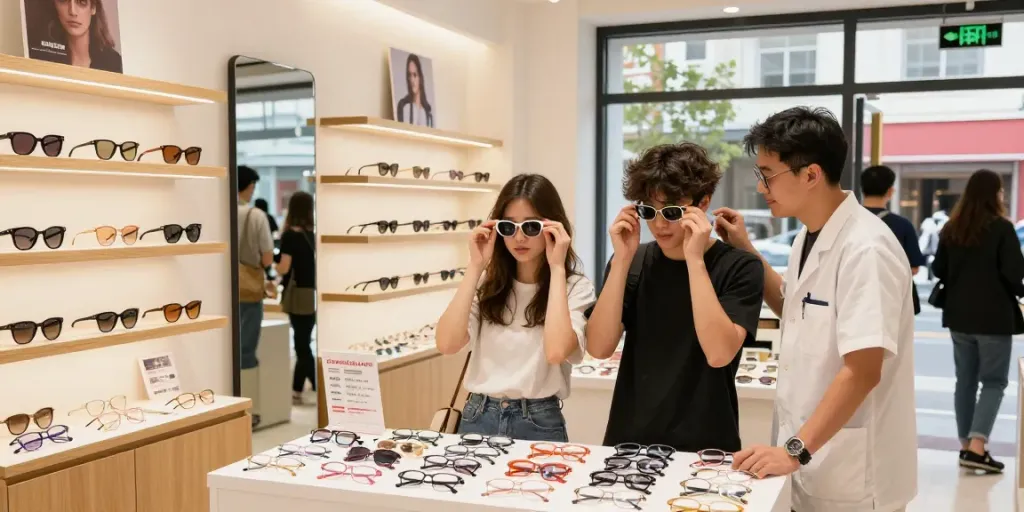 Ótica Avaré: atendimento personalizado com um optometrista ajudando um casal a escolher óculos estilosos.
