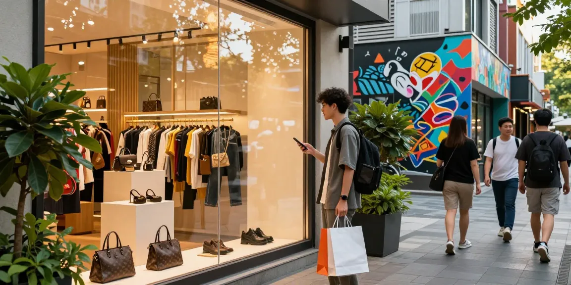 Young man browsing stylish 레플리카 products in urban setting.