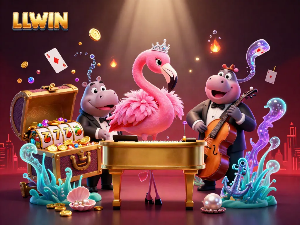 Experience thrilling gaming with LLWIN's vibrant casino atmosphere featuring a flamingo singer and hippo bassist.