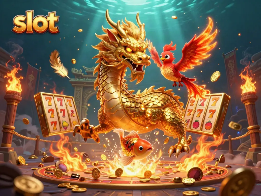 Menggandakan keberuntungan di mesin slot sambil dikelilingi naga emas dan ikan koi beruntung dalam ilustrasi 3D.