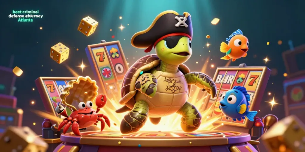 Engaging scene showcasing the best criminal defense attorney Atlanta amidst a colorful casino illustration, featuring a pirate turtle, golden dice, and jackpot symbols.