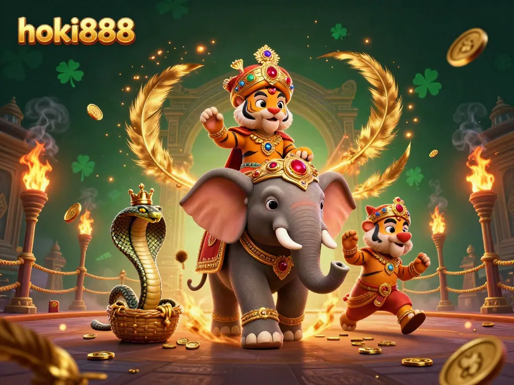 Gambarkan suasana menarik di HOKI888 dengan harimau maharaja dan gajah berhias permata di tengah arena baki.