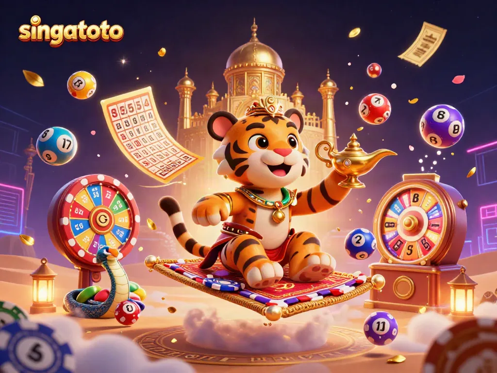 Engage with singatoto's vibrant casino experience featuring a magical sultan on a carpet of poker chips.