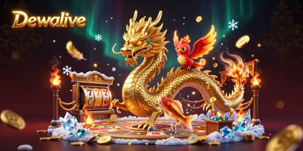 Dewalive showcases a vibrant scene with a golden dragon, phoenix, and koi fish in an exciting casino atmosphere.