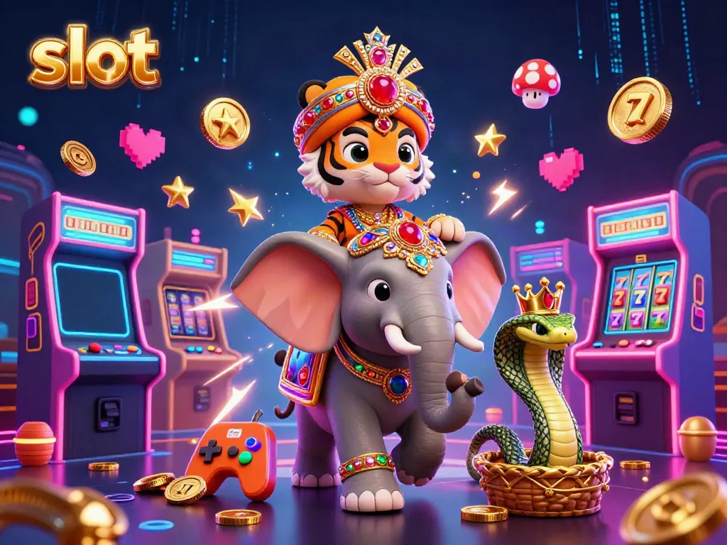Slot yang menarik dengan harimau maharaja dan gajah, menciptakan suasana kasino.