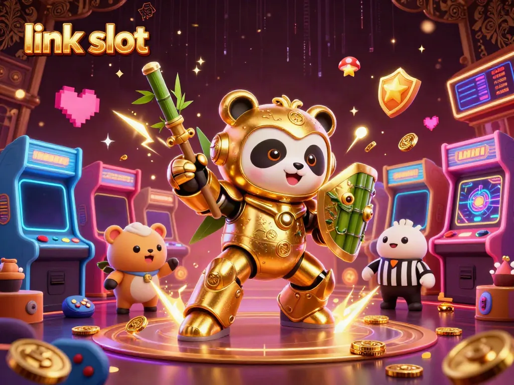 Melihat aksi menyerbu link slot dengan panda robot mengalahkan permainan mesin slot dalam latar kasino.