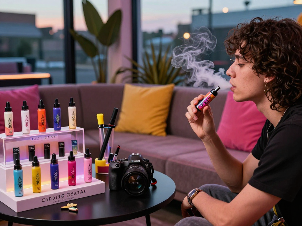 Enjoying a Cake cart vape pen in a vibrant lounge atmosphere with flavorful options displayed.
