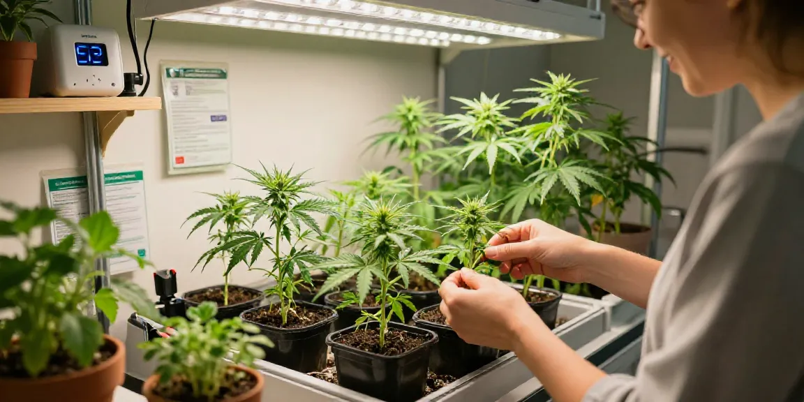 Cannabissamen kaufen with a gardener inspecting cannabis seedlings in a vibrant indoor grow room.