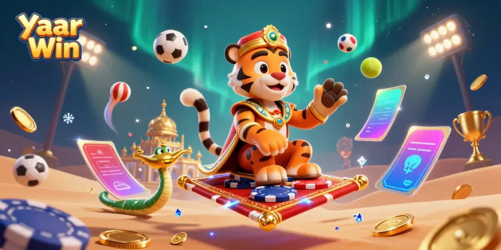 Experience thrilling moments at Yaar Win with a tiger sultan and sports elements in a vibrant 3D scene.