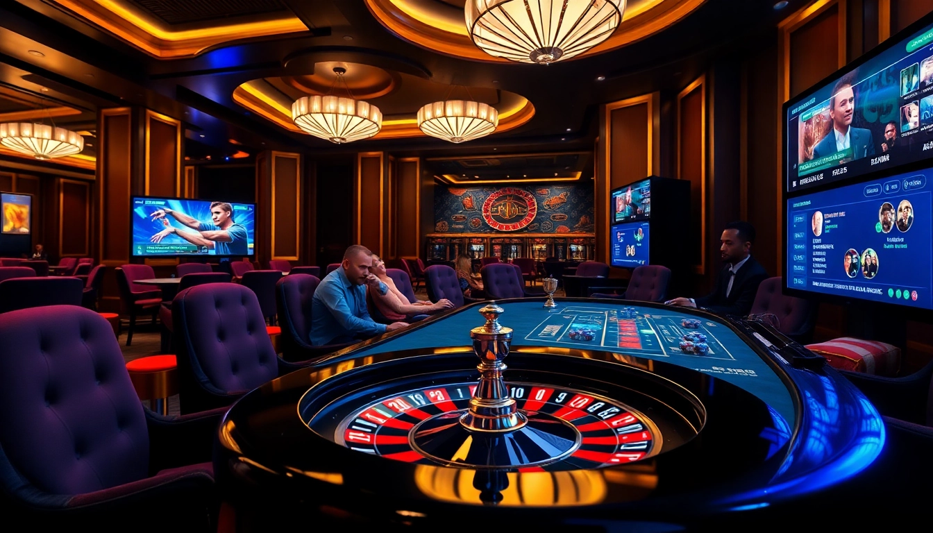 Players enjoying high-stakes gaming at iwin club, featuring poker chips and vibrant roulette wheel.