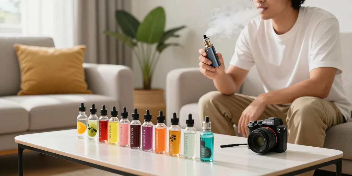 Vaping enthusiast exploring vape UK e-liquids in a stylish living room with colorful flavor bottles.