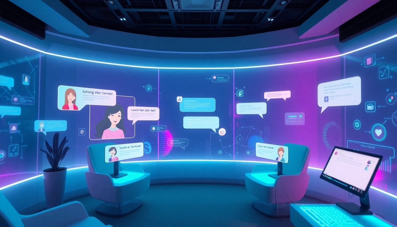 Engaging futuristic chat room with AI avatars for ai porn chat interactions.