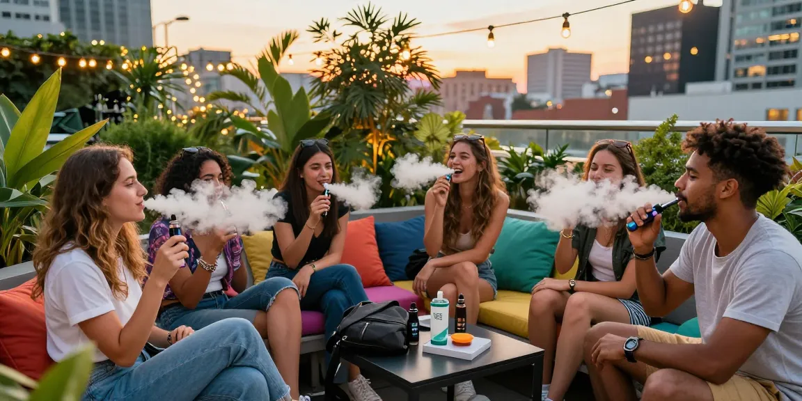 Group enjoying THC vape in a vibrant rooftop garden with city lights.