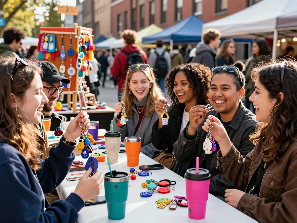 Personalized keychains displayed by friends in a vibrant marketplace, showcasing unique designs and joyful expressions.