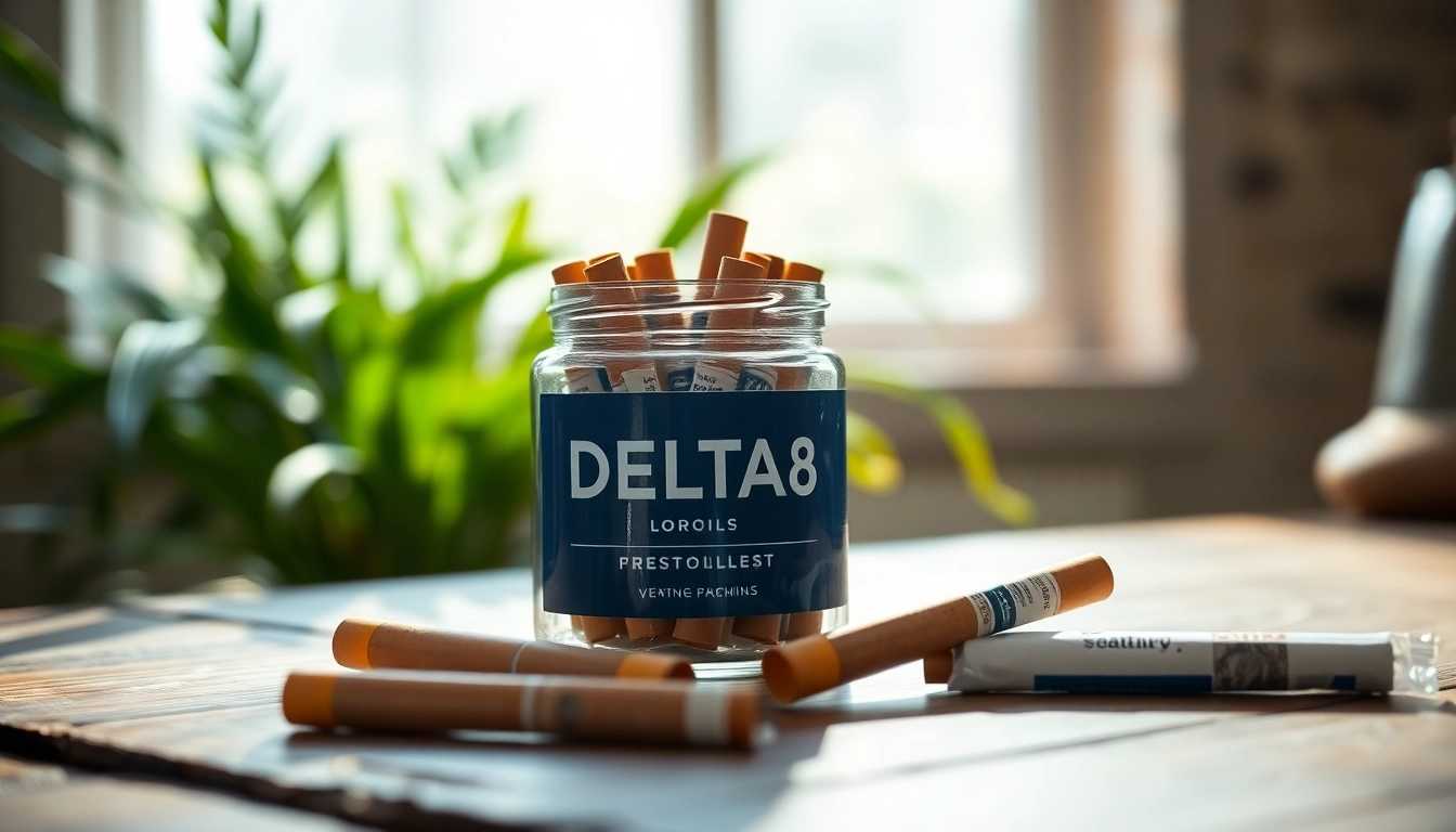 Showcasing delta 8 prerolls in a stylish jar illuminated by natural light.