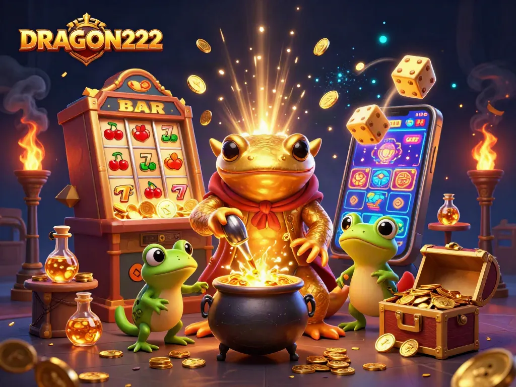 Engage with DRAGON222's thrilling slots and jackpot excitement through a magical alchemical scene.