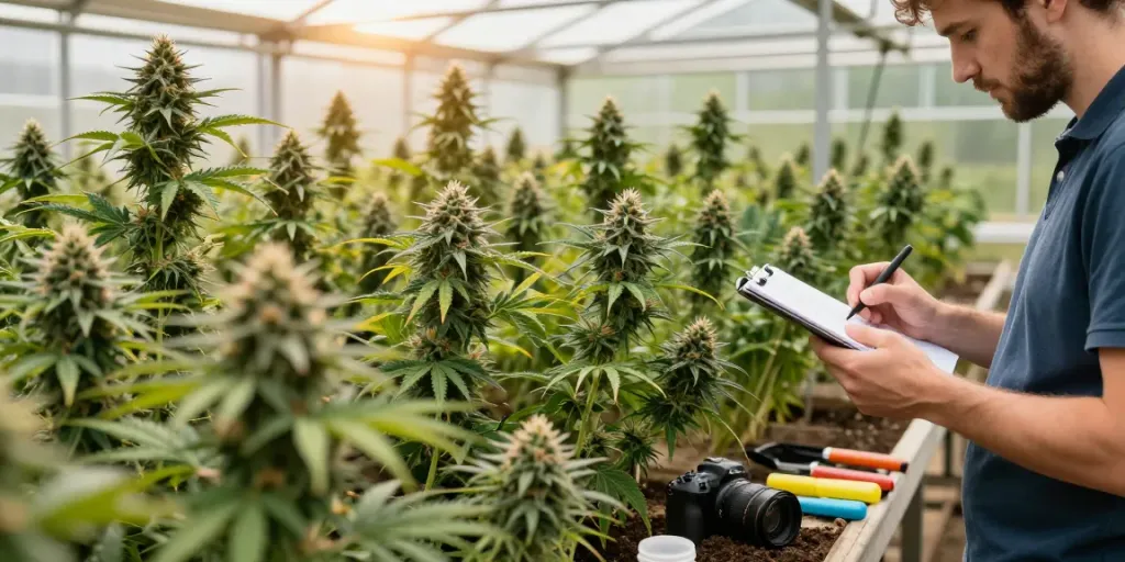 Regular cannabis genetics showcased in a greenhouse with vibrant plants.