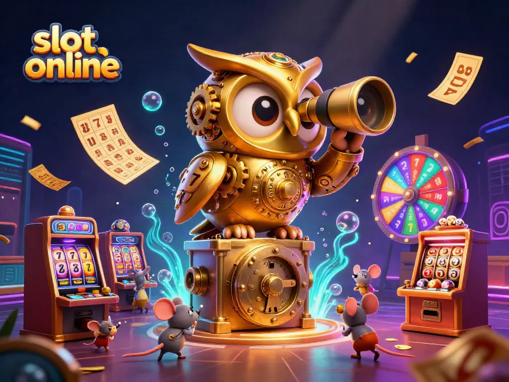 Engage in slot online adventures with a vibrant 3D scene featuring a gold owl, lucky charms, and jackpots.