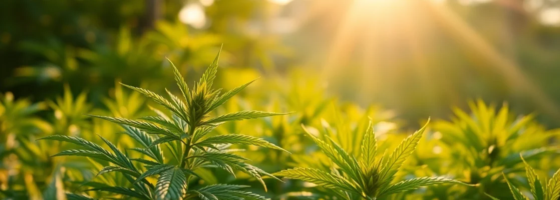 Highlighting the CBD plant leaves with morning dew, symbolizing freshness and natural wellness.