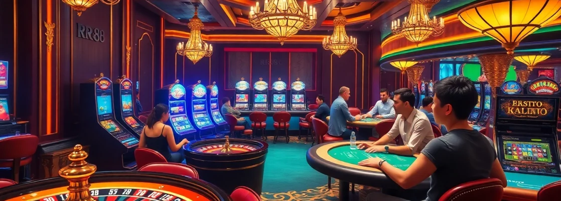 RR88 gaming scene with players at roulette and slot machines, showcasing vibrant casino atmosphere.
