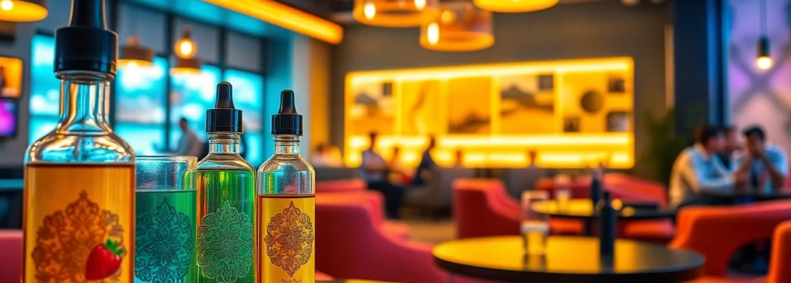 Explore various Vape & E-Liquids showcased in a modern lounge setting with warm ambiance.