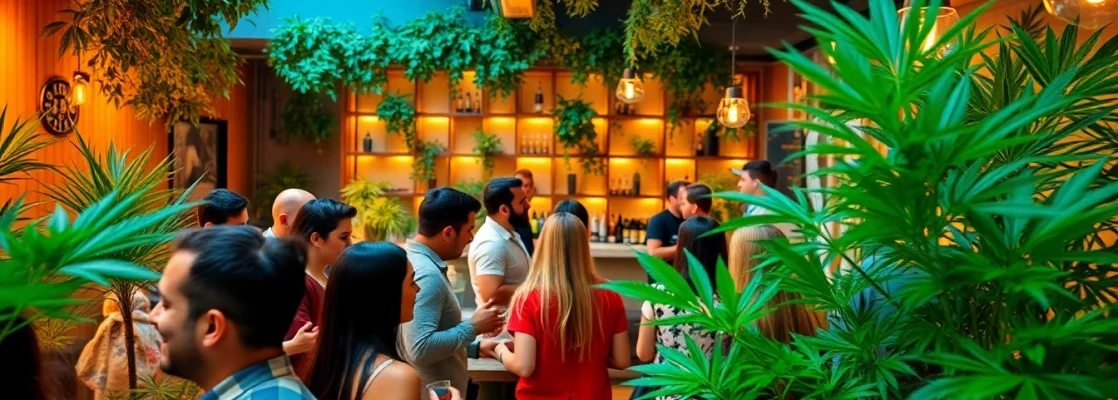 Members enjoying social club Madrid's vibrant atmosphere amidst lush greenery and modern decor.