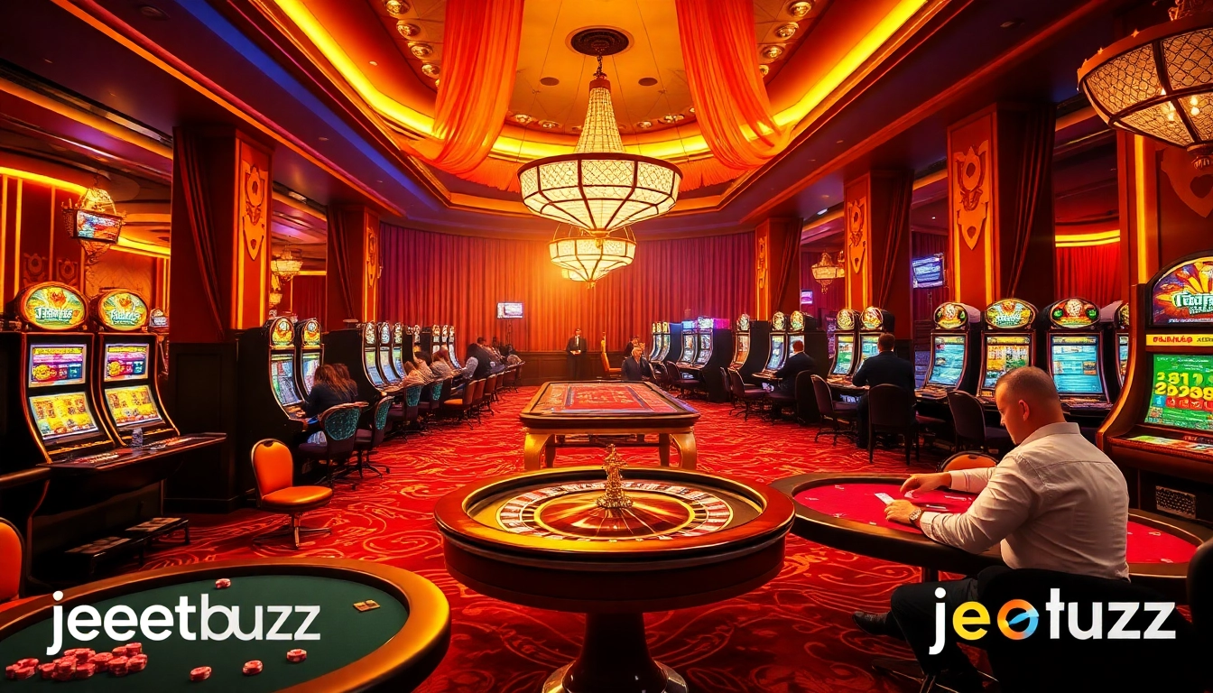 Players enjoying high-stakes games at jeetbuzz casino with vibrant tables and colorful chips.