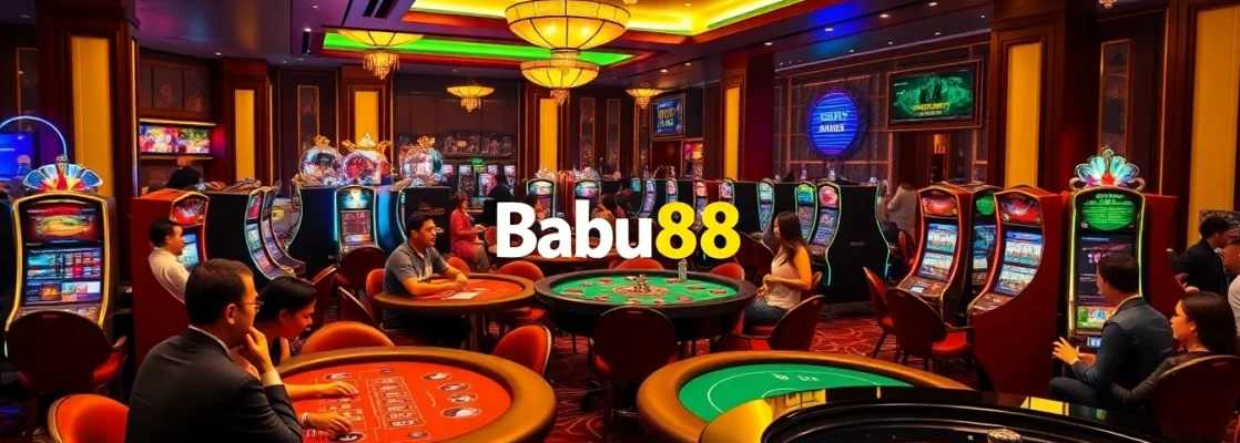 Babu88 gaming scene with poker tables, vibrant slots, and roulette, showcasing excitement and luxury.