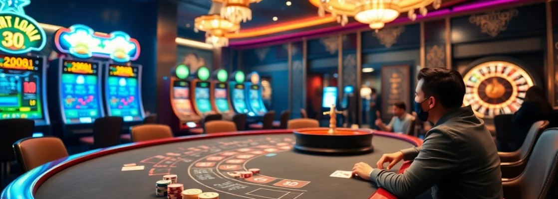 Experience thrilling gameplay at giaimanhacai.news with vibrant casino tables, slot machines, and roulette wheels.