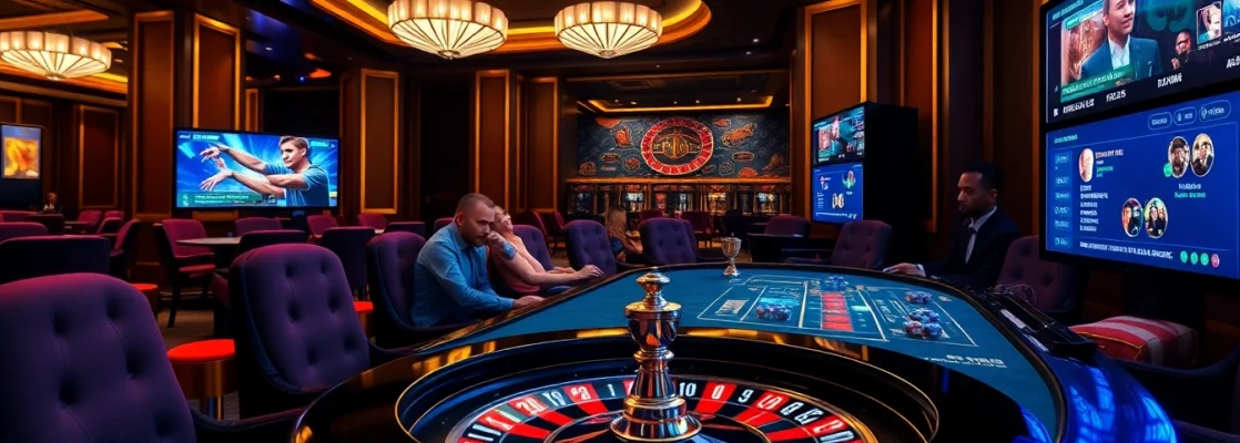 Players enjoying high-stakes gaming at iwin club, featuring poker chips and vibrant roulette wheel.