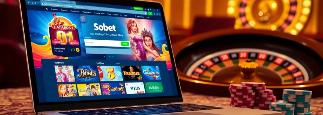 Sbobet login interface displayed on a sleek laptop surrounded by casino elements like poker chips and a roulette wheel.