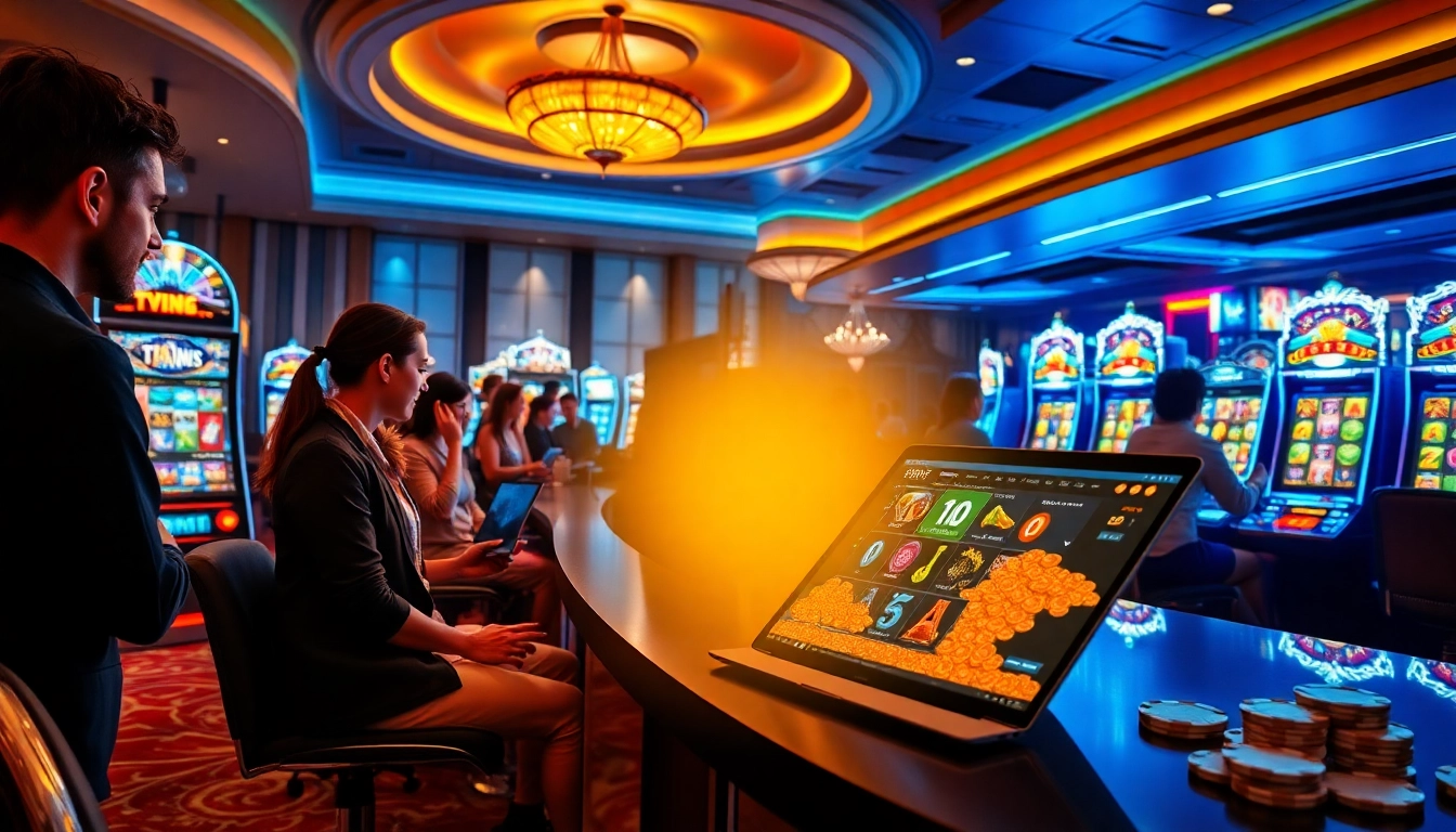 Players enjoying the pg slot demo games on vibrant slot machines in a luxurious casino environment.