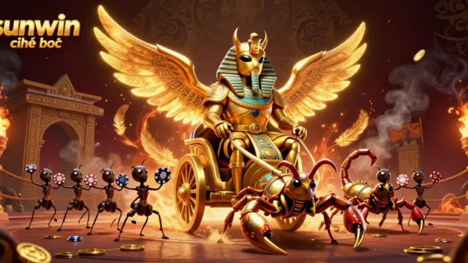 Experience the excitement with sunwin chính thức as a colossal golden scarab beetle leads a thrilling chariot race.