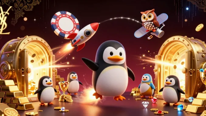Engage with the ysl casino experience as a golden penguin rockets to a poker chip station amidst treasure glimmers.