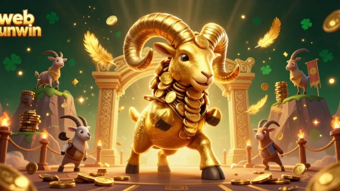 Experience the thrill of the web sunwin with a 3D illustration featuring golden rams, dynamic gaming elements, and dazzling effects.